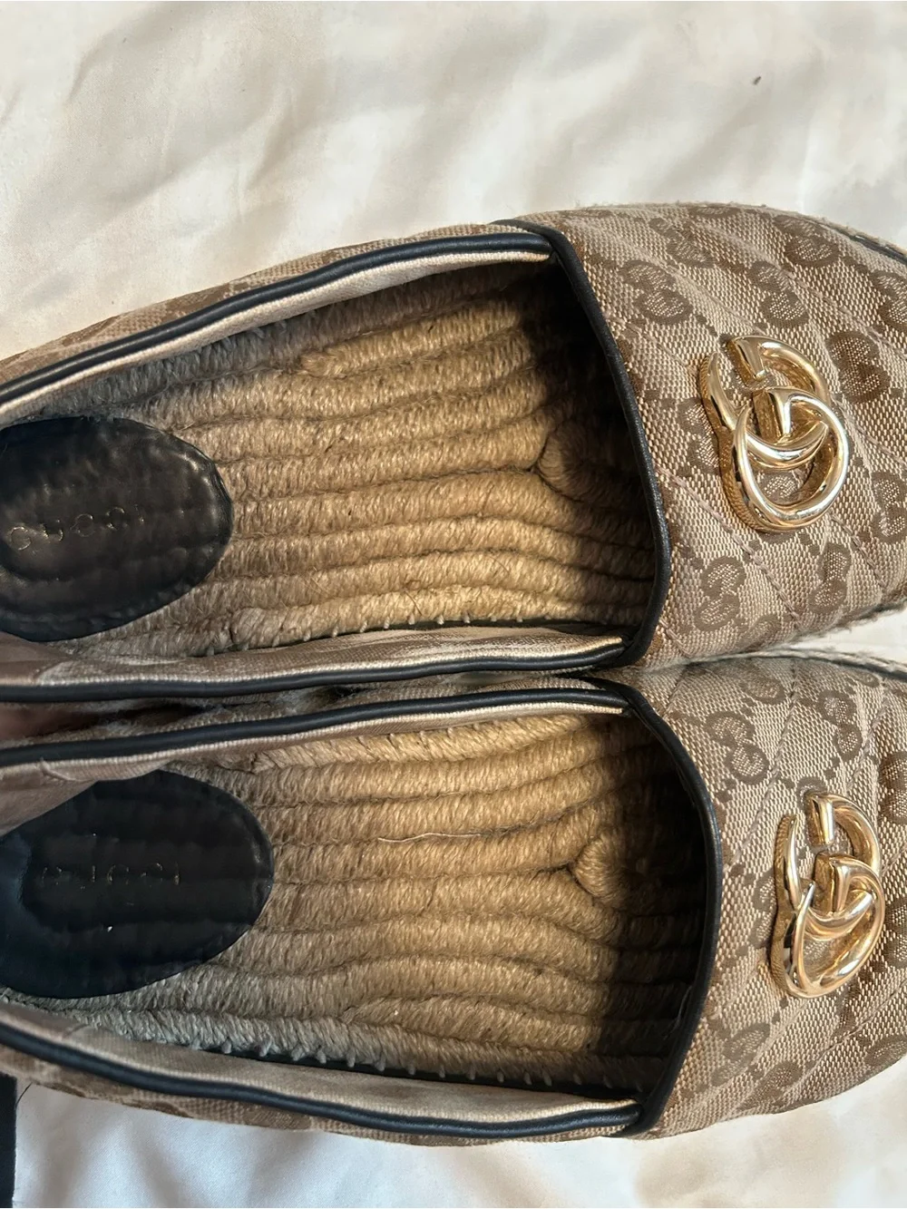 Gucci Brown Monogram GG Espadrille Slip-On Loafers with Gold Double-G